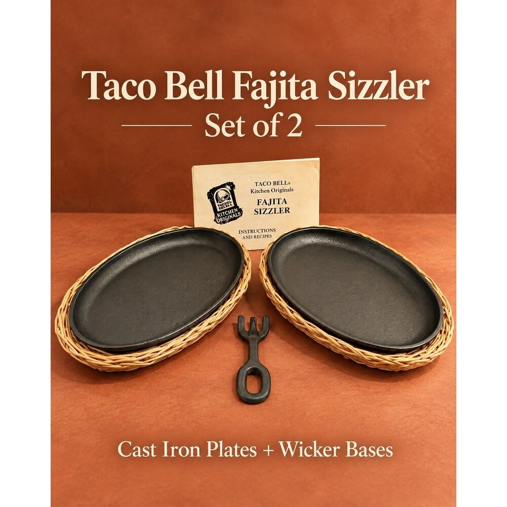 Taco Bell Kitchen Originals Fajita Sizzler Set-2 Cast Iron Plates Wicker Bases